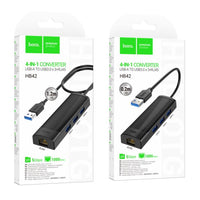 hoco HB42 Easy safety 4-in-1 Gigabit Ethernet Adapter(USB to USB3.0*3+RJ45)(L=1.2M) - black