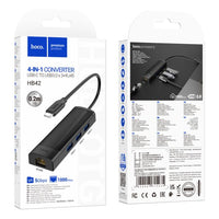 hoco HB42 Easy safety 4-in-1 Gigabit Ethernet Adapter(Type-C to USB3.0*3+RJ45)(L=0.2M) - black