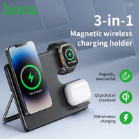 Hoco CQ1 15W Geek Folding 3 in 1 Magnetic Fast Wireless Charger For iWatch - Black