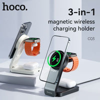Hoco CQ3 15W Motorcycle Folding 3 in 1 Magnetic Fast Wireless Charger - Black