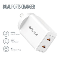 iQuick GaN II 45W PD3.0 Dual USB-C Ports Charging Adapter-White