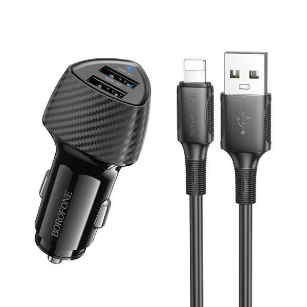 BOROFONE BZ31A Solid dual-port car charger set(iP) - black