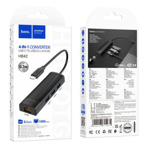 hoco HB42 Easy safety 4-in-1 Gigabit Ethernet Adapter(Type-C to USB3.0*3+RJ45)(L=0.2M) - black