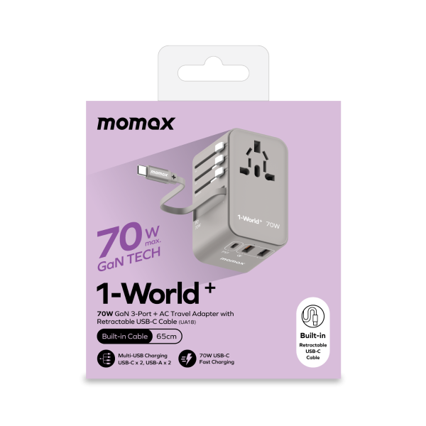 Momax World 70W GaN AC Travel Adaptor With cable