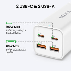 iQuick 100W 2*USB-A 2*USB-C 4-Port Charger Power Strip-White