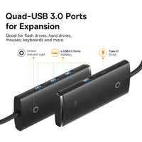 Baseus Hub Lite Series 4 Port USB HUB (USB 3.0 X 4 200cm) WKQX030201-Black
