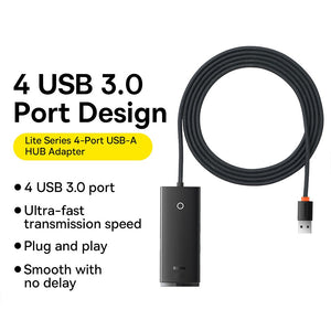 Baseus Hub Lite Series 4 Port USB HUB (USB 3.0 X 4 200cm) WKQX030201-Black