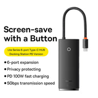 Baseus Lite Series 6-Port Type-C HUB Docking Station (Type-C to HDMI+USB3.02+PD+SD/TF)-Black