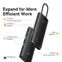 Baseus Lite Series 6-Port Type-C HUB Docking Station (Type-C to HDMI+USB3.02+PD+SD/TF)-Black
