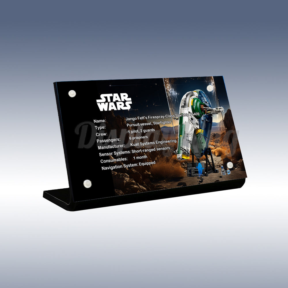Display King - Acrylic display plaque for Lego Jango Fett's Firespray-class Starship 75409