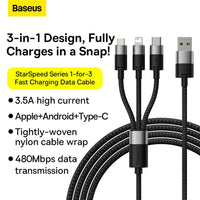 Baseus StarSpeed 1-for-3 Fast Charging Data Cable USB to Micro USB & Lightning & Typ-C 3.5A 1.2m
