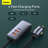 Baseus Share Together PPS Multi-port Fast Charging Car Charger with Extension Cord 120W 3U+1C-Gray
