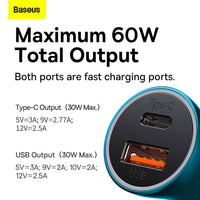 Baseus Golden Contactor Max Dual Fast Charger Car Charger U+C 60W
