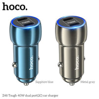 Hoco Z48 40W Dual Port USB-C Metal Car Charger With Lightning Cable - Gray
