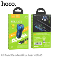 Hoco Z48 40W Dual Port USB-C Metal Car Charger With Lightning Cable - Gray
