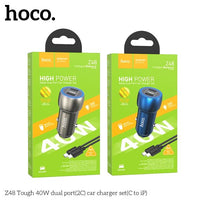 Hoco Z48 40W Dual Port USB-C Metal Car Charger With Lightning Cable - Gray
