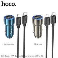 Hoco Z48 40W Dual Port USB-C Metal Car Charger With Lightning Cable - Gray
