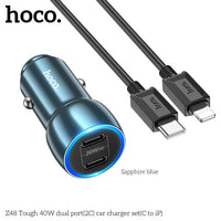 Hoco Z48 40W Dual Port USB-C Metal Car Charger With Lightning Cable - Gray
