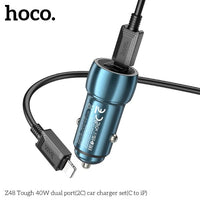 Hoco Z48 40W Dual Port USB-C Metal Car Charger With Lightning Cable - Gray
