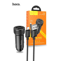 Hoco Z49 Dual USB-A Car Charger With Lightning Cable - Black
