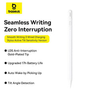 Baseus Smooth Writing 3 Wired Charging Stylus (P80080805213-01) (Active Tilt Sensitivity Version) -Moon White
