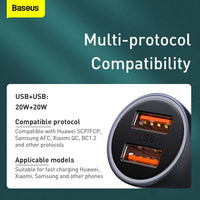 Baseus Golden Contactor Pro Dual Fast Charger Car Charger U+U 40W (With Simple wiring USB For Type-C 5A 1.0m)-Dark Gray
